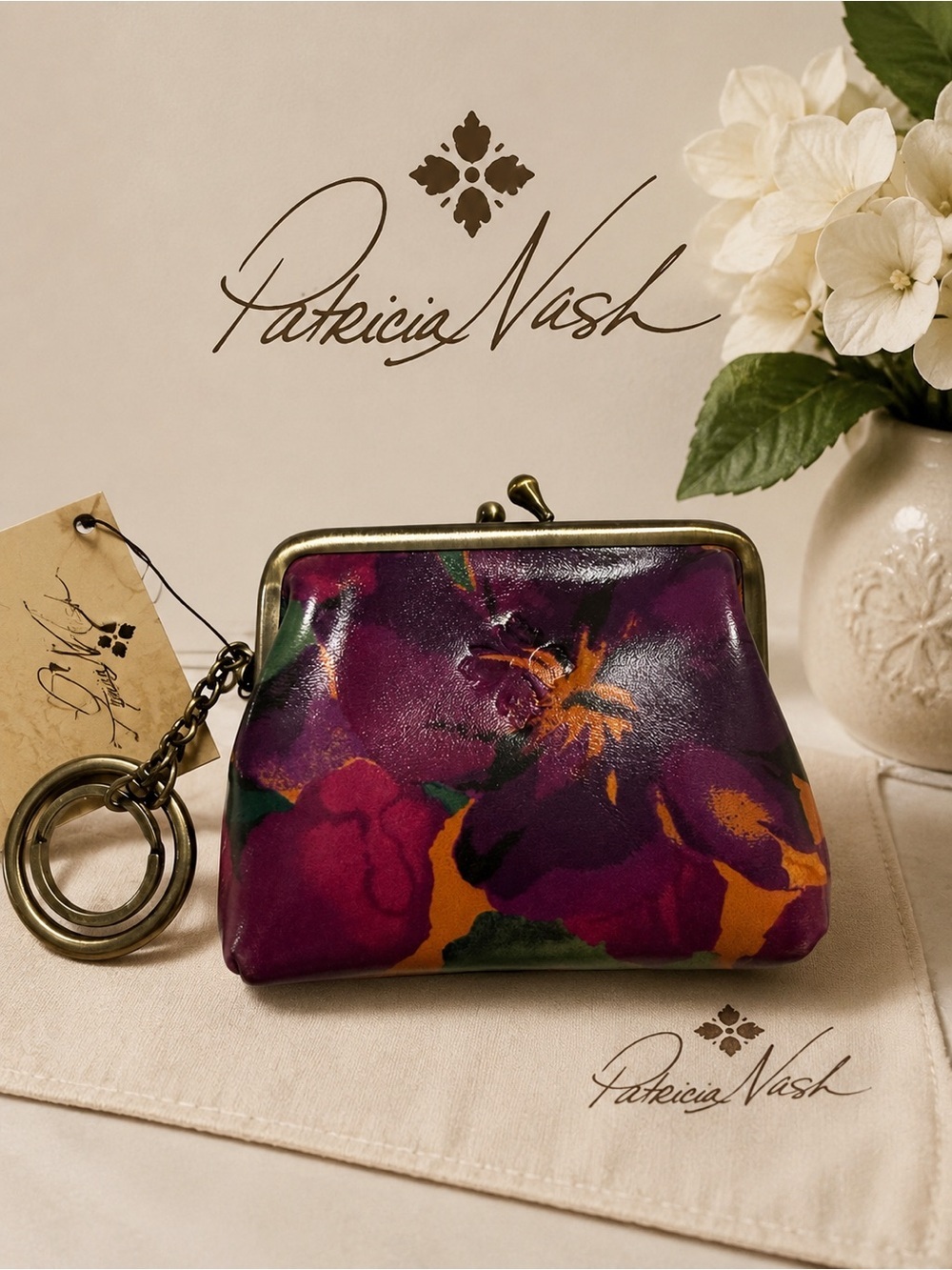 Patricia Nash Bloom Romance Leather Kiss Lock Coin Purse & Keychain